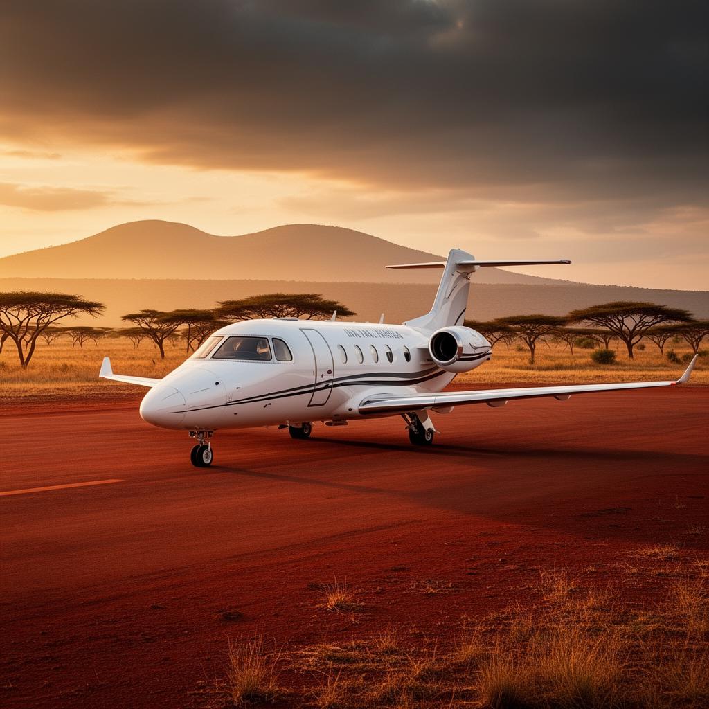 Air ambulance aircraft on an African airstrip at sunrise