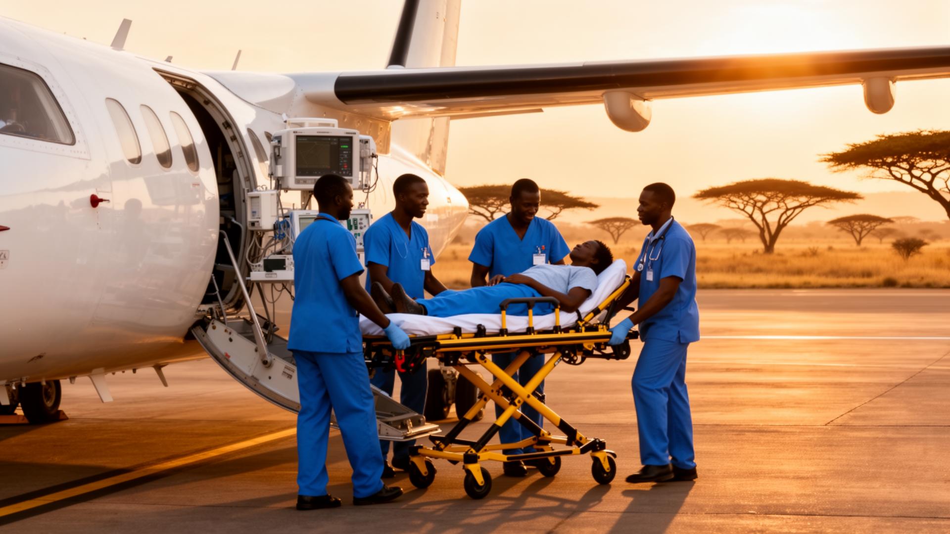African medical crew transferring a patient to an air ambulance aircraft
