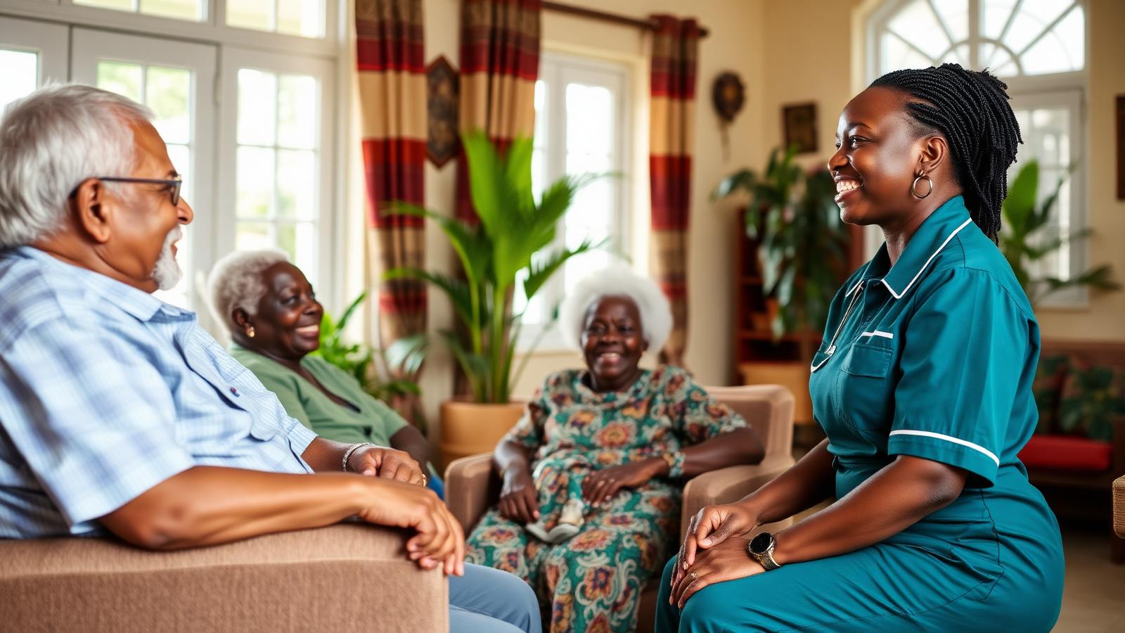 African care home residents and caregiver in a warm communal lounge