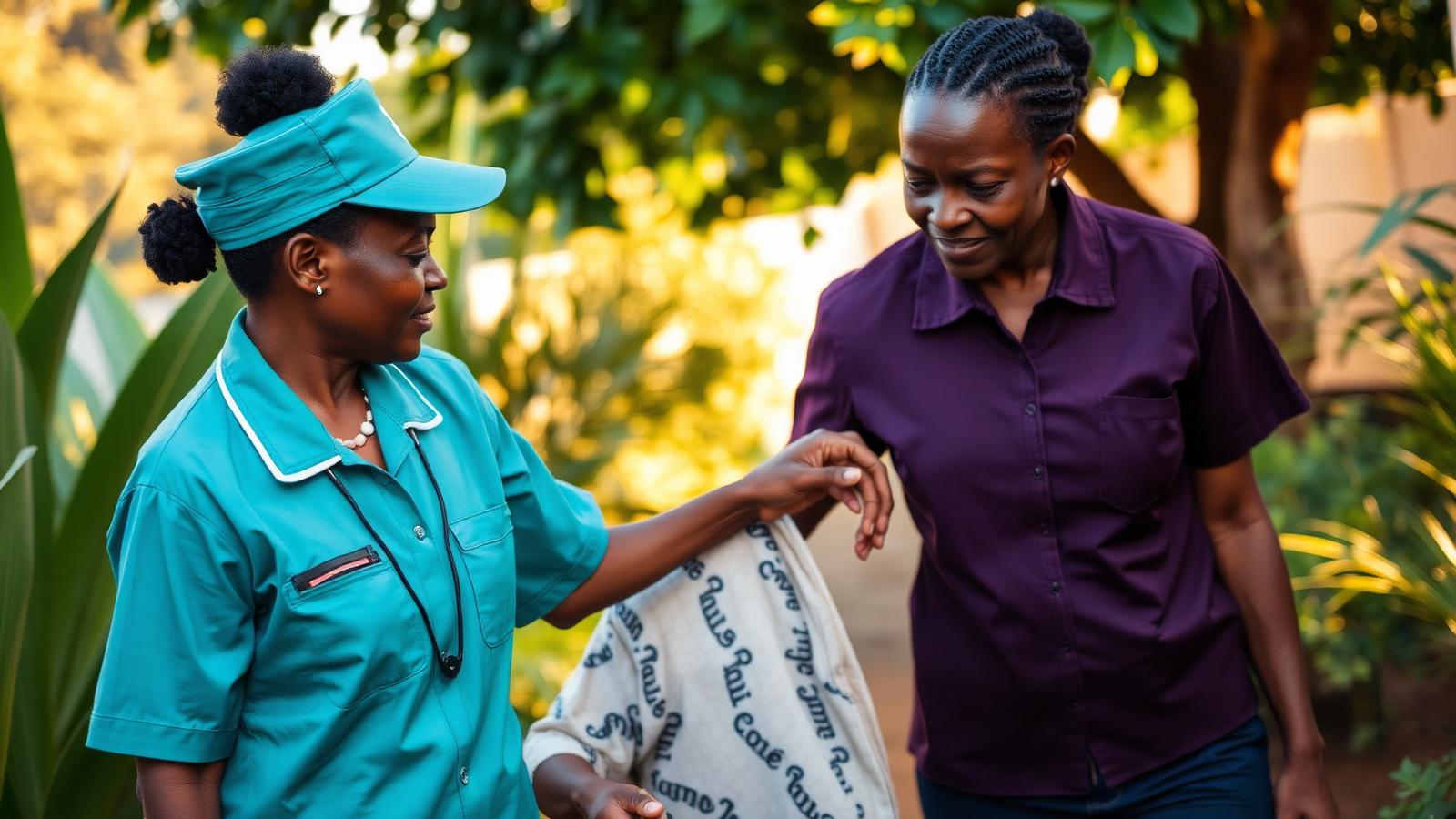 African domiciliary caregiver supporting an elderly woman at home