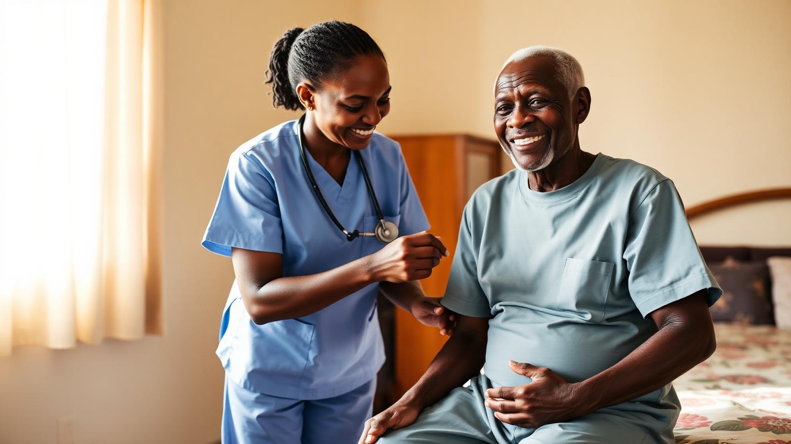 African home nurse attending to an elderly patient