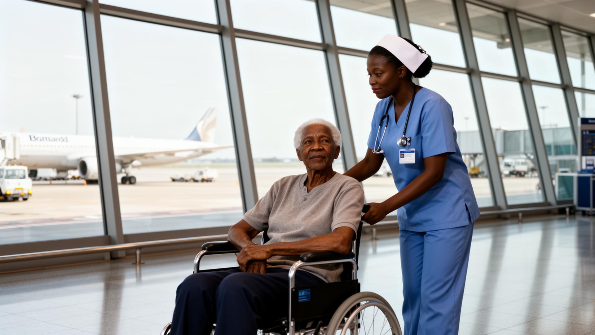 African nurse assisting elderly patient in wheelchair at airport