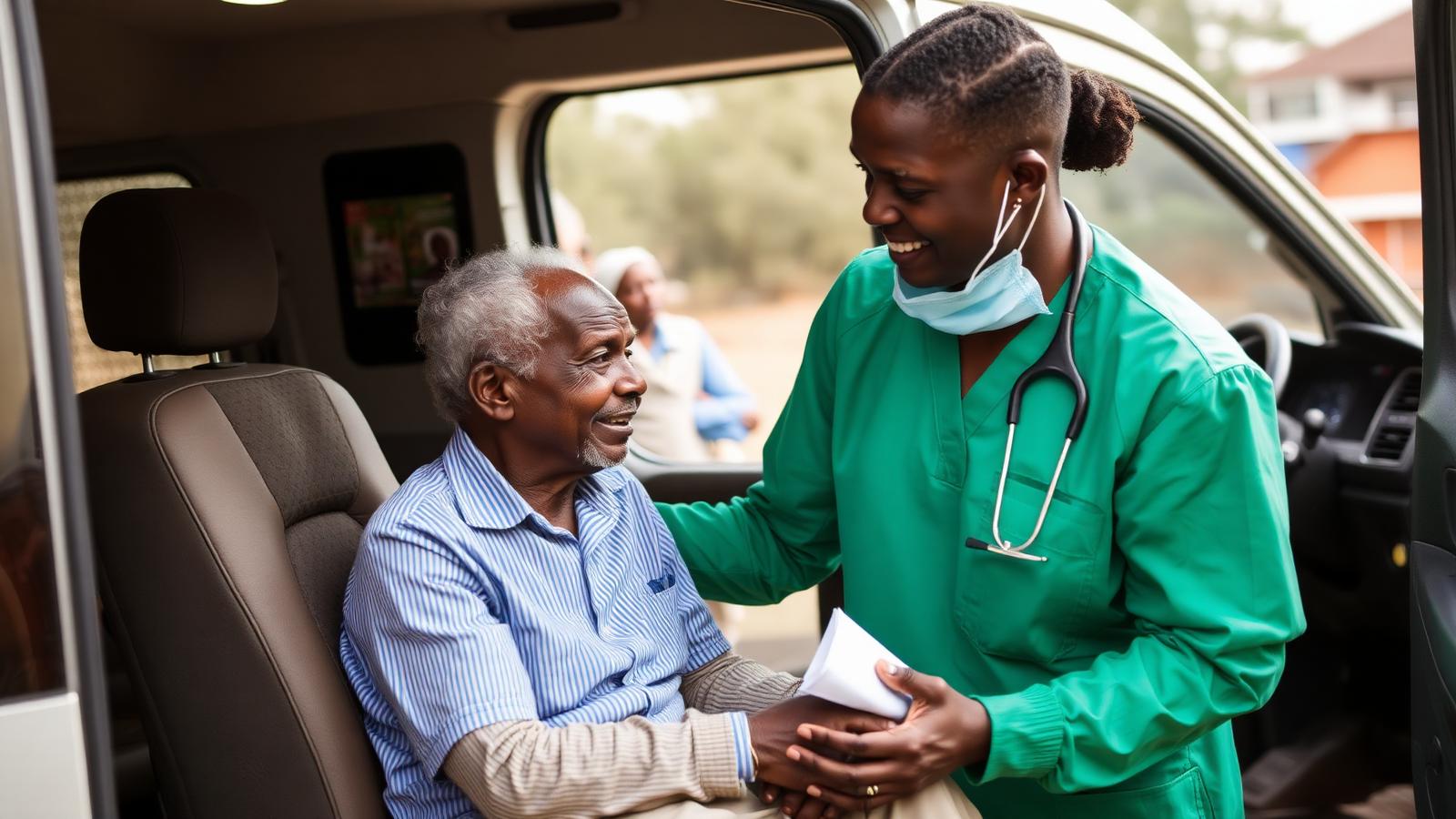 Medical attendant helping a patient into a non-emergency medical transport vehicle