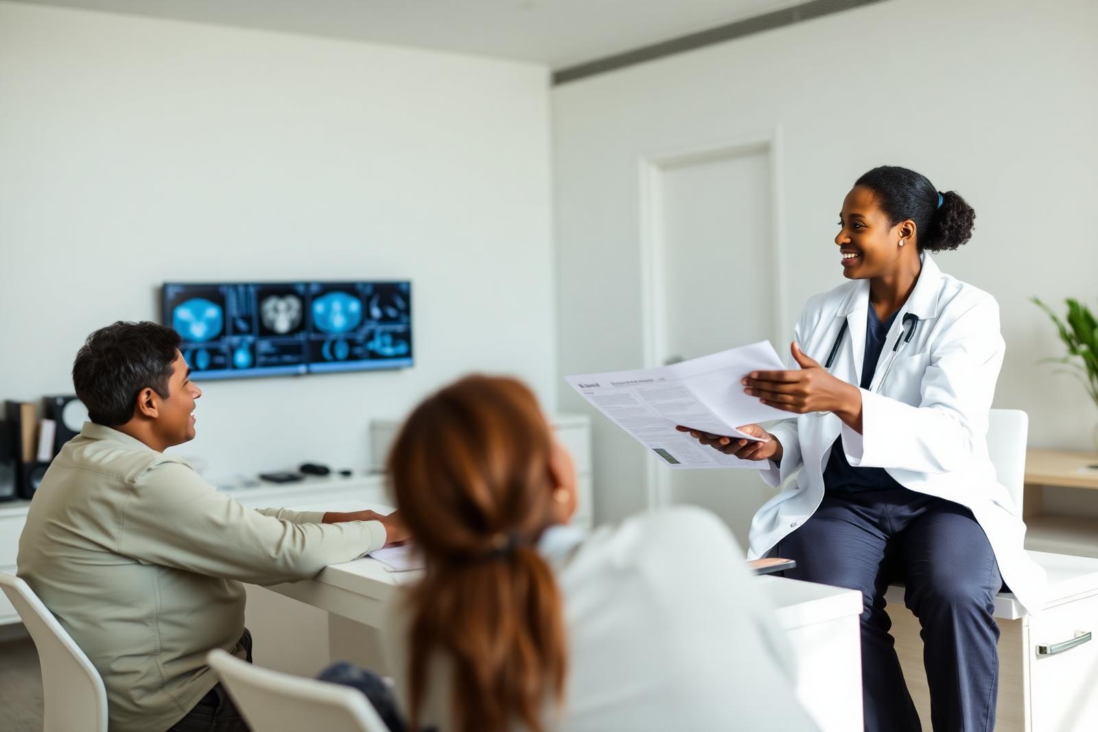 African doctor reviewing medical scans with a patient and family member
